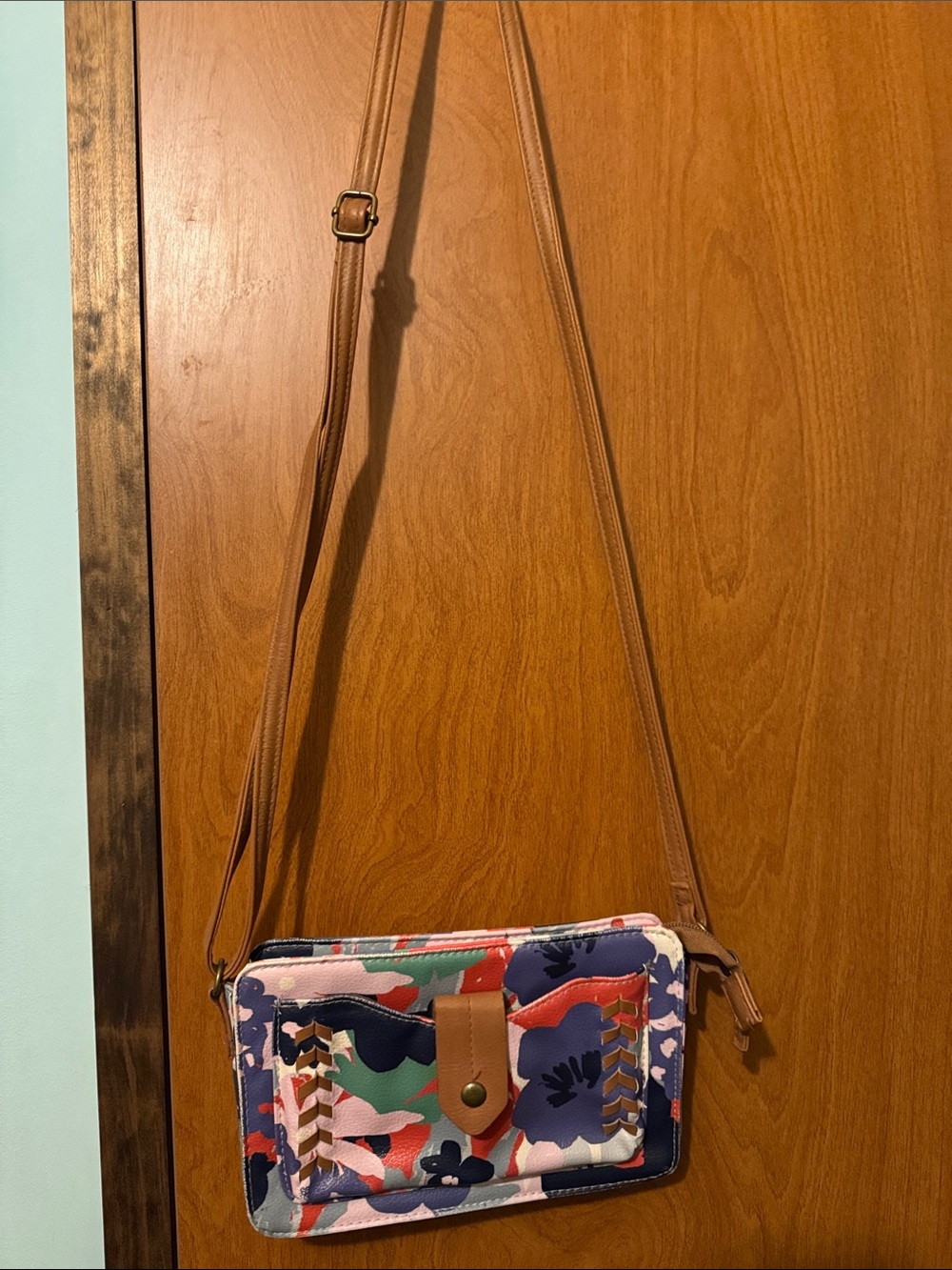 Floral Multi-Color Crossbody Wallet Bag - Tan Strap